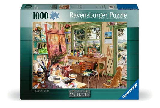 Ravensburger My Haven Artist's Shed puzzle artwork offers immersive scenery for mindful hours.