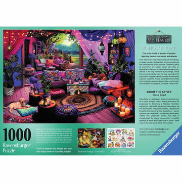 Ravensburger My Haven No.12 Boho Retreat assembly view showing the 70 x 50 cm finished puzzle