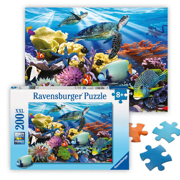 Ravensburger Ocean Turtles 200-piece puzzle: vibrant underwater scene for ages 8+.
