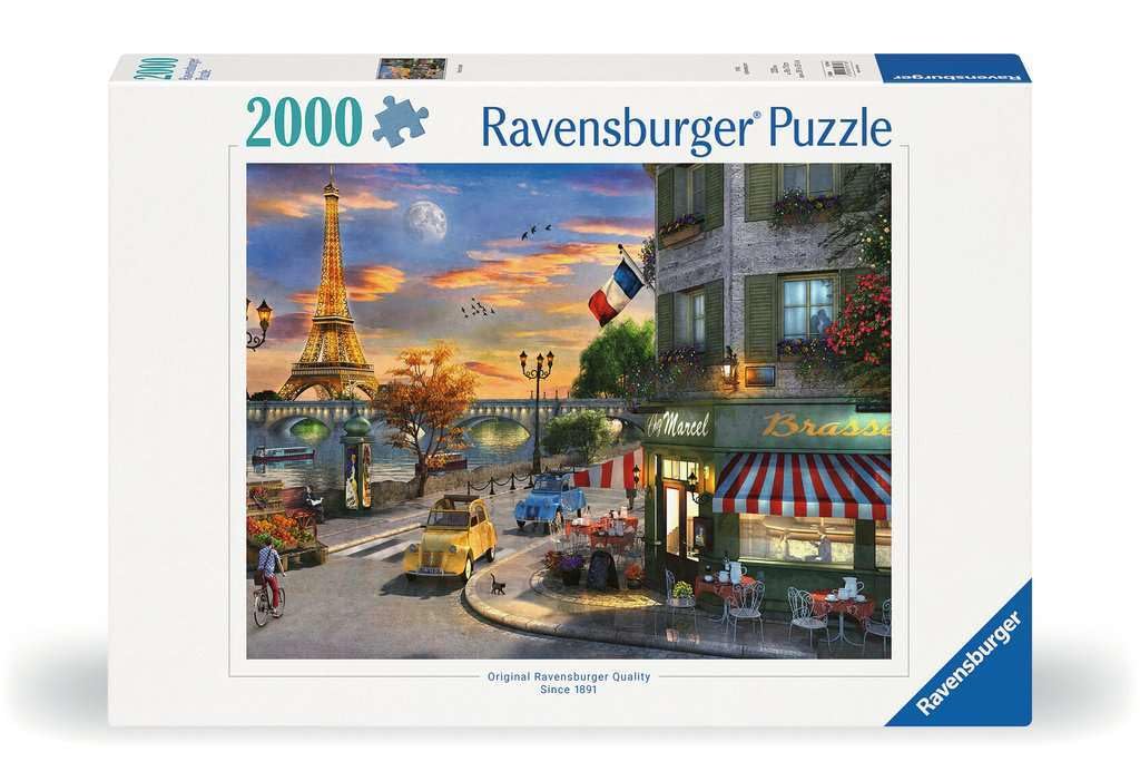 Ravensburger Paris Sunset Eiffel Tower at dusk invites relaxing puzzle time.