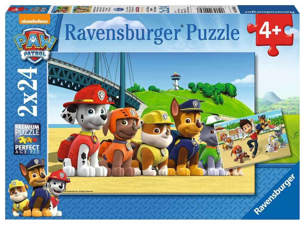 Ravensburger Paw Patrol puzzle characters on colorful scene for early recognition and fun.