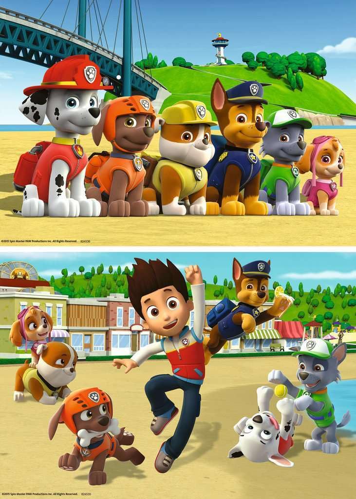 Ravensburger Paw Patrol puzzle pieces close-up highlighting interlocking shapes and colors.