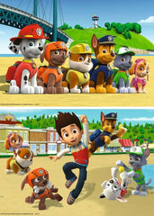 Ravensburger Paw Patrol puzzle pieces close-up highlighting interlocking shapes and colors.