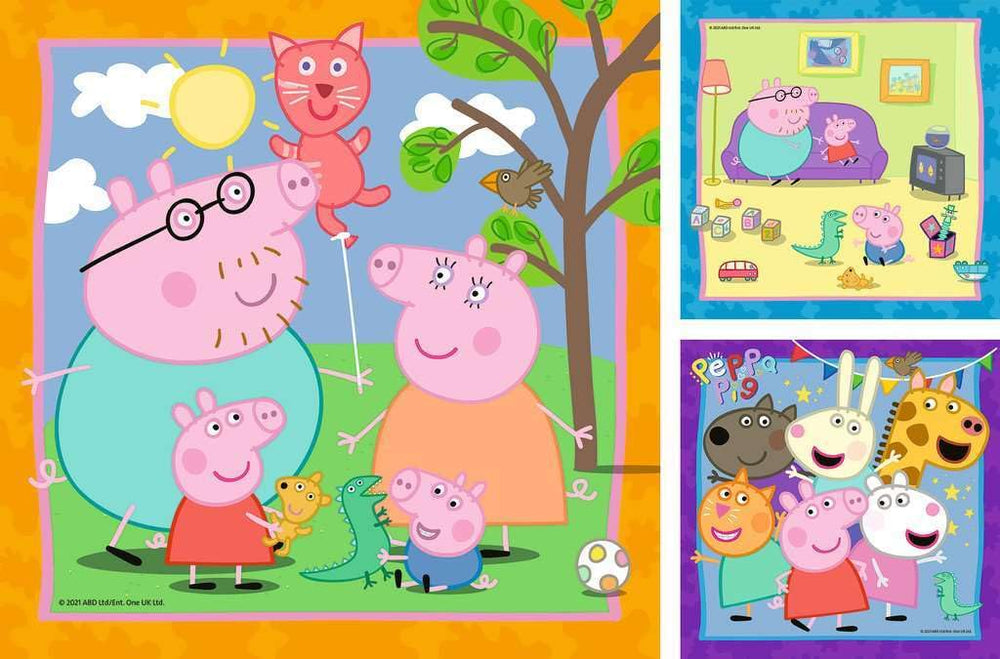 Ravensburger Peppa Puzzle 3x49 pieces spread showing three complete scenes for focused play