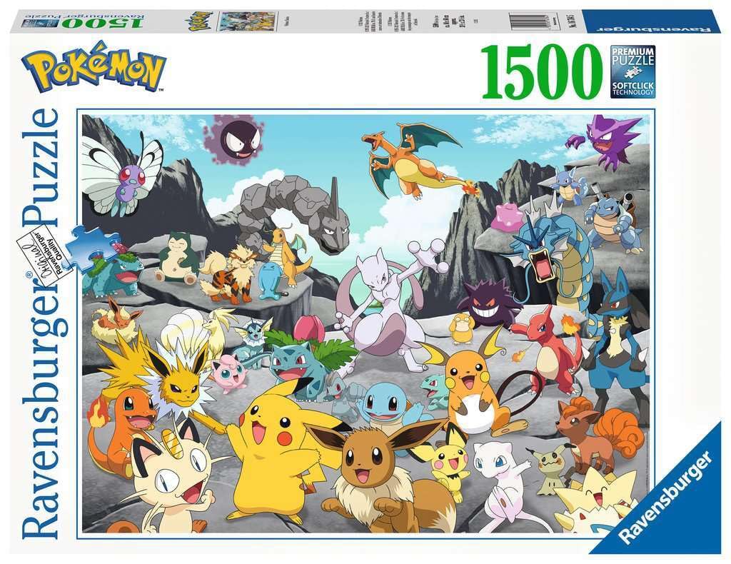 Ravensburger Pokémon Classics 1500-piece puzzle box for collaborative family fun.