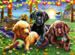 Ravensburger Puppy Picnic puzzle featuring adorable puppies at a sunny outdoor gathering for family fun.