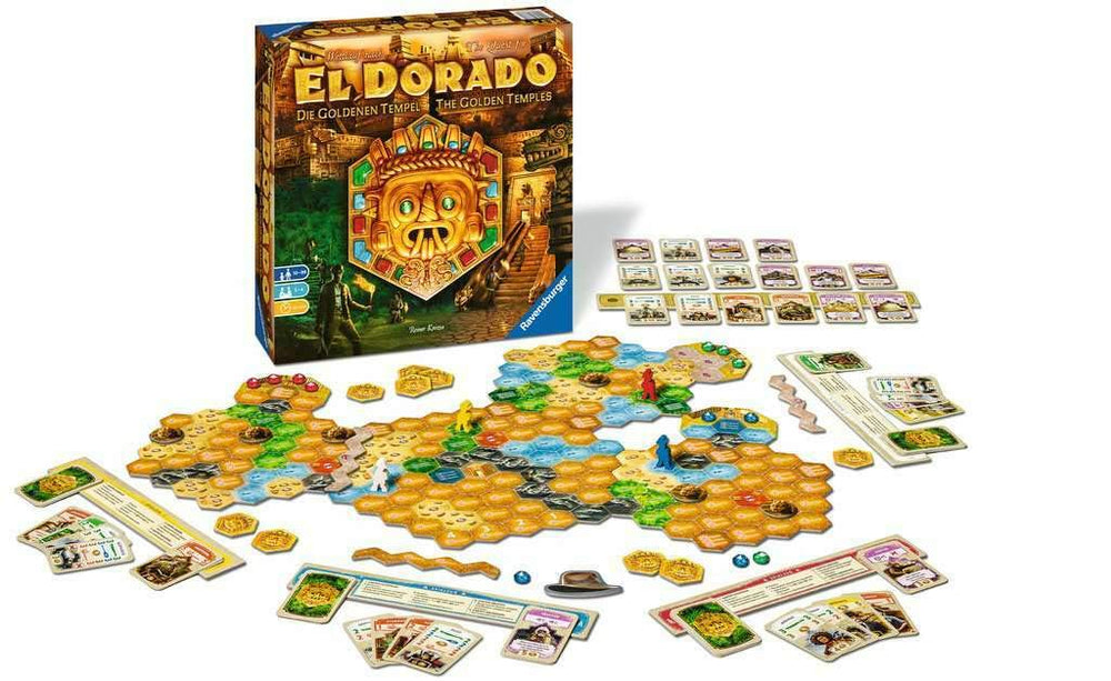 Ravensburger The Quest for El Dorado Golden Temples expansion gem and temple cards for fresh challenges.