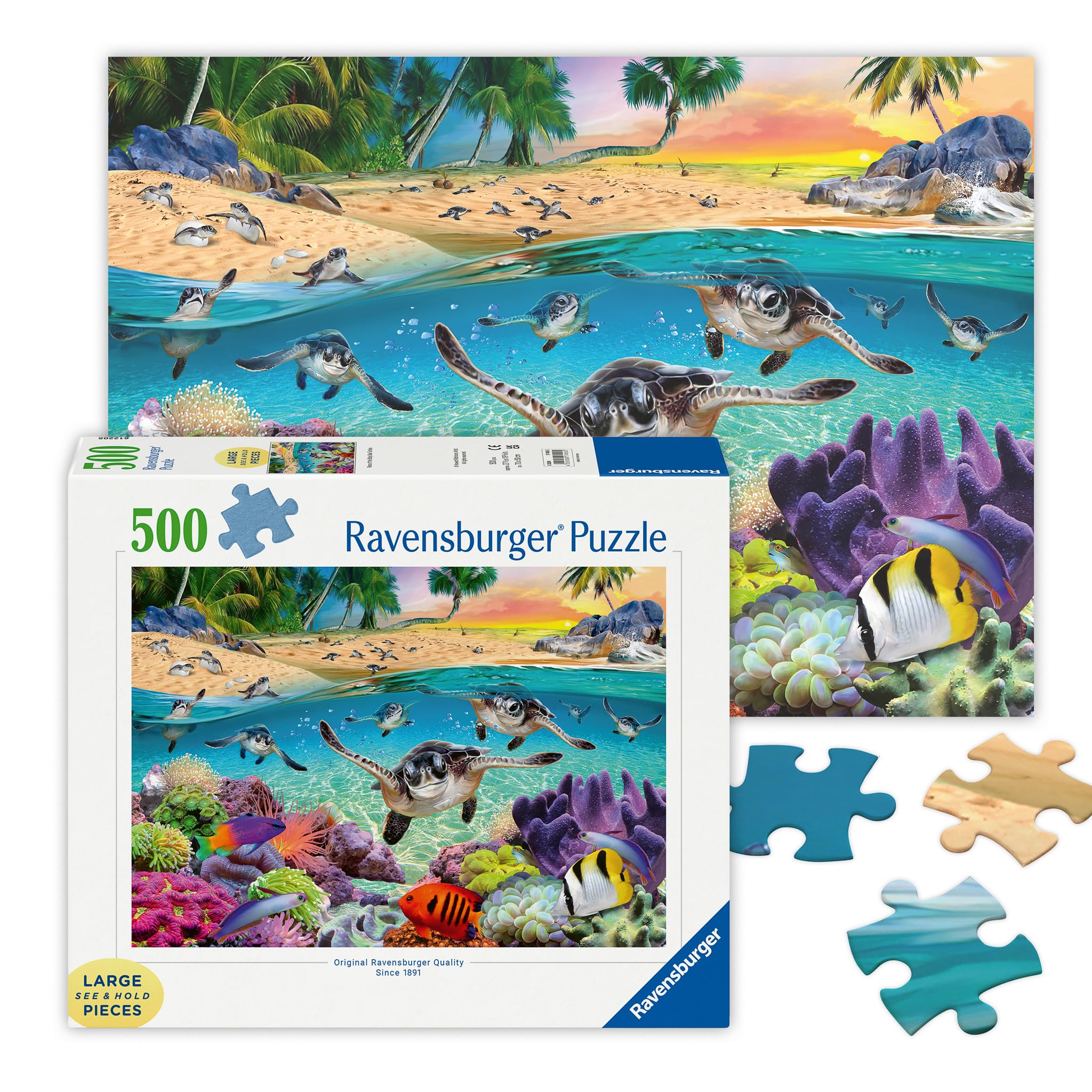 Ravensburger Race of the Baby Sea Turtles puzzle cover shows a vibrant undersea journey for family fun.