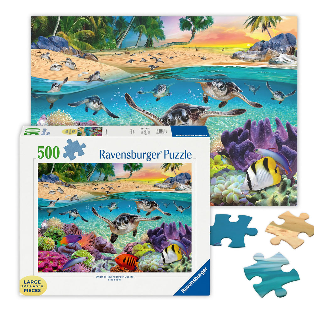 Ravensburger Race of the Baby Sea Turtles puzzle cover shows a vibrant undersea journey for family fun.