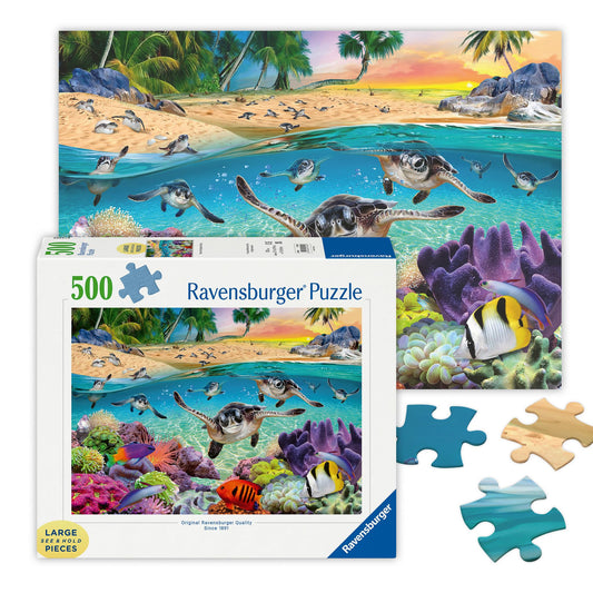 Ravensburger Race of the Baby Sea Turtles puzzle cover shows a vibrant undersea journey for family fun.