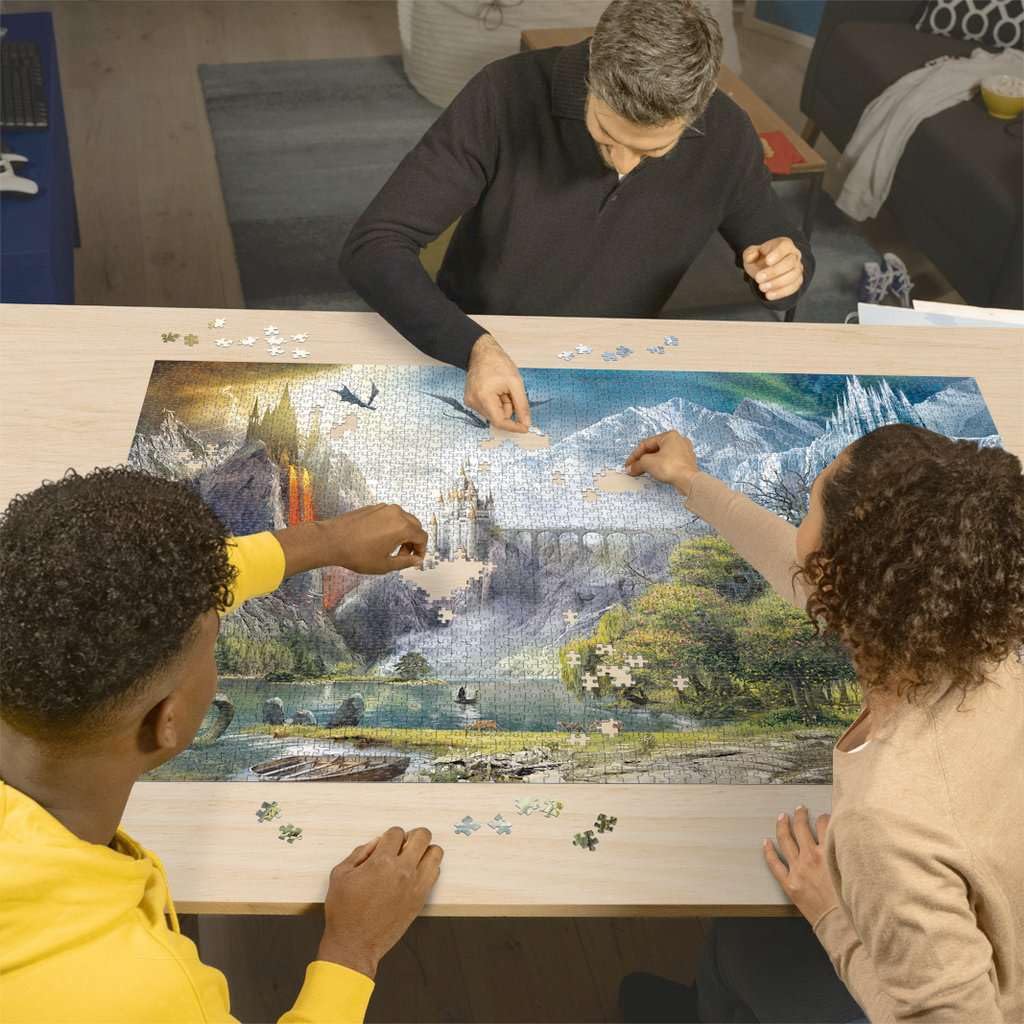 Ravensburger Reign of Dragons: puzzle pieces closeup highlighting premium linen texture