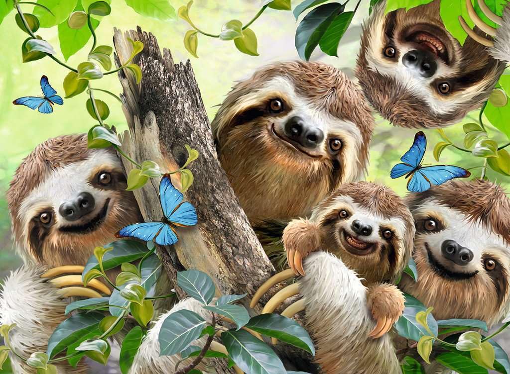 Ravensburger Sloth Selfie Puzzle pieces image highlights Softclick fit for seamless puzzling.