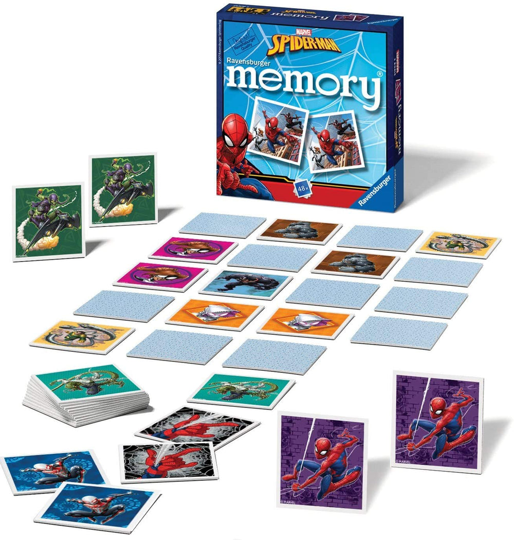 Ravensburger Spider-Man mini memory cards spread for a quick matching challenge.