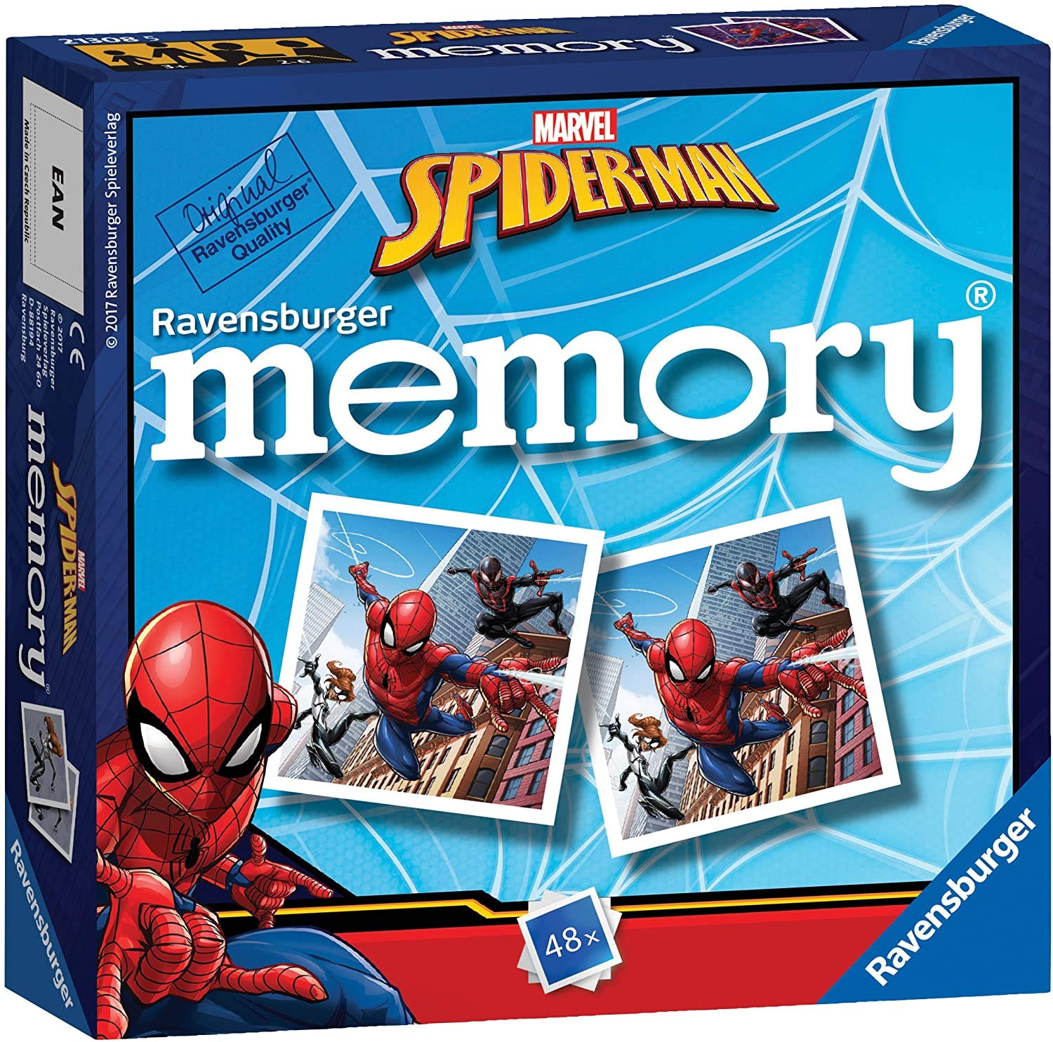 Close-up of vibrant Spider-Man illustrations on Ravensburger memory cards, enhancing kid engagement.