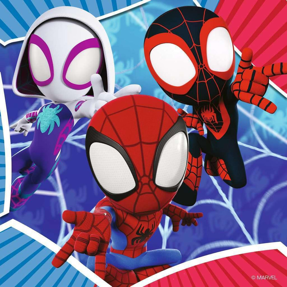 Ravensburger Spiderman Amazing Friends 3x49-piece puzzle on a child's table invites mindful play.