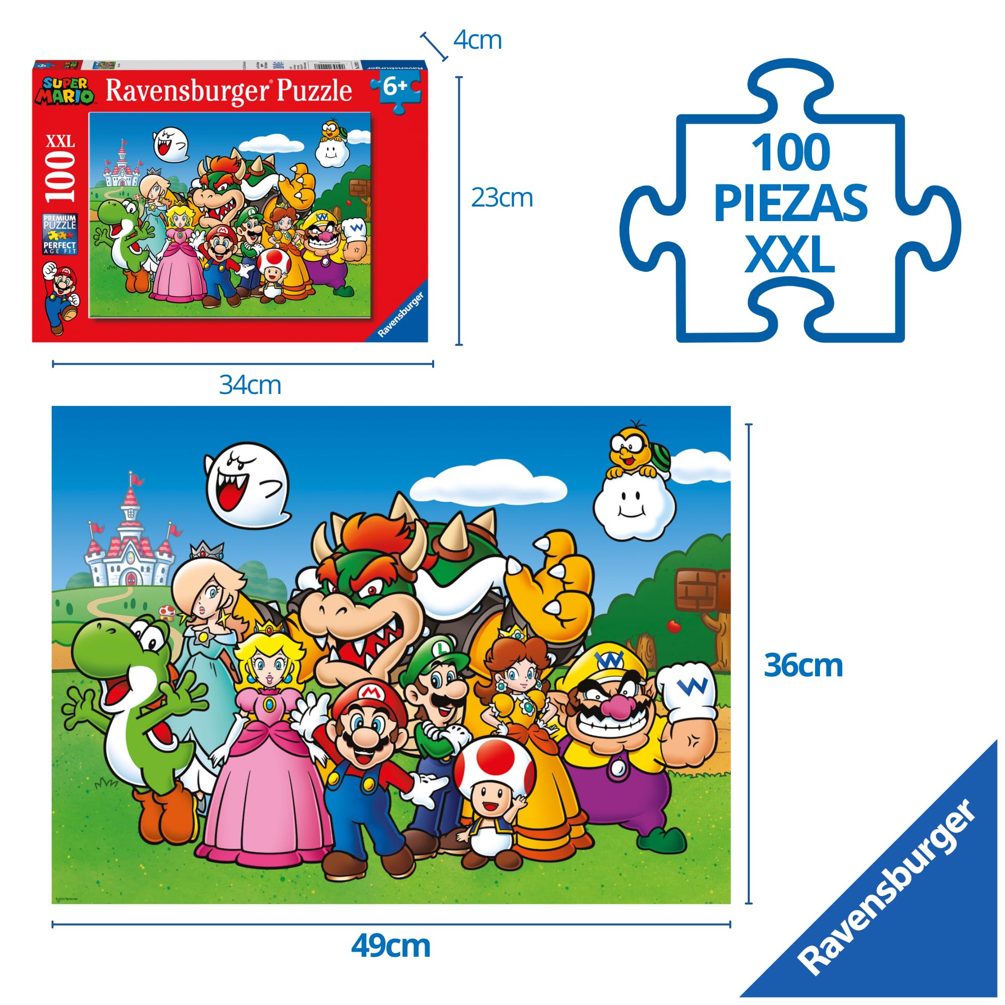 Ravensburger 49 x 36 cm completed puzzle showcasing vibrant Super Mario action.
