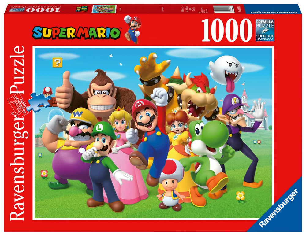 Ravensburger Super Mario Bros 1000-piece puzzle cover with vibrant Mario scene for family puzzle nights