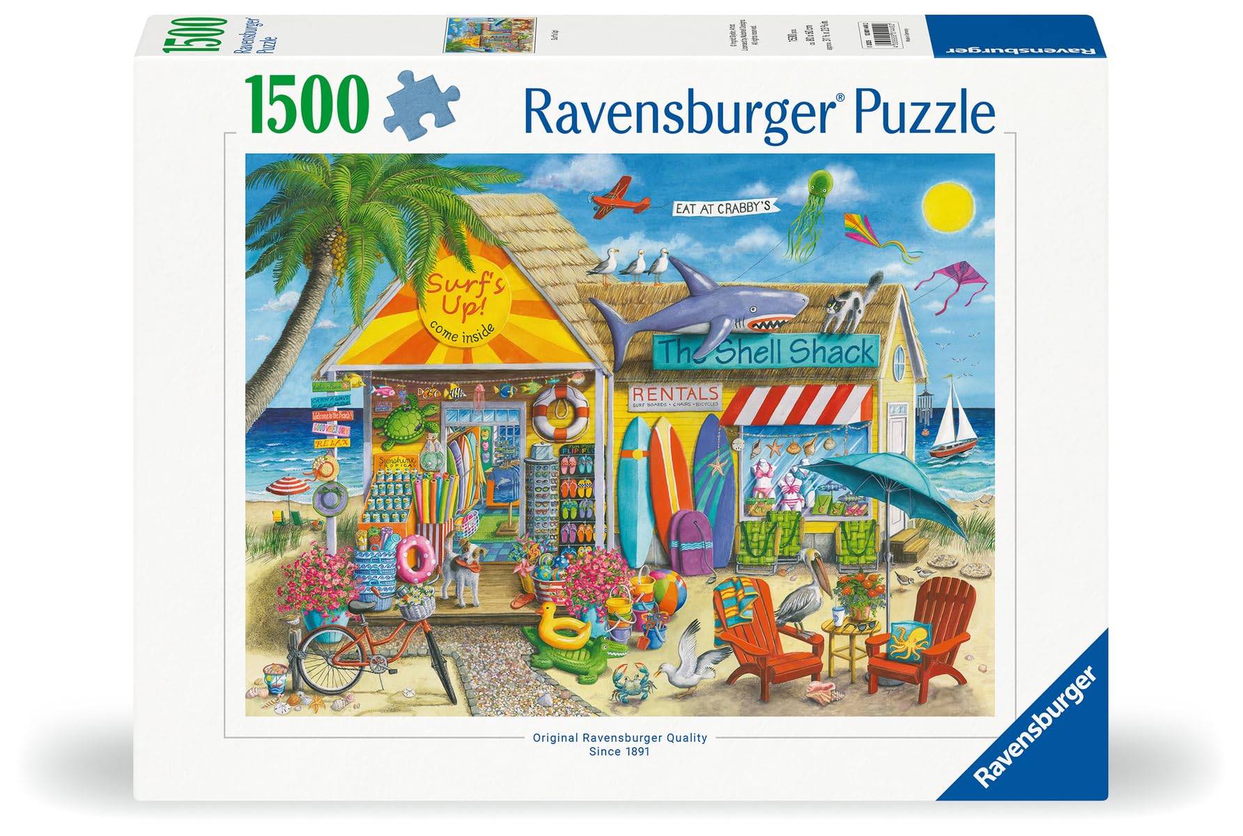 Ravensburger Surf's Up 1500-piece puzzle beach-scene image offers calming color exploration
