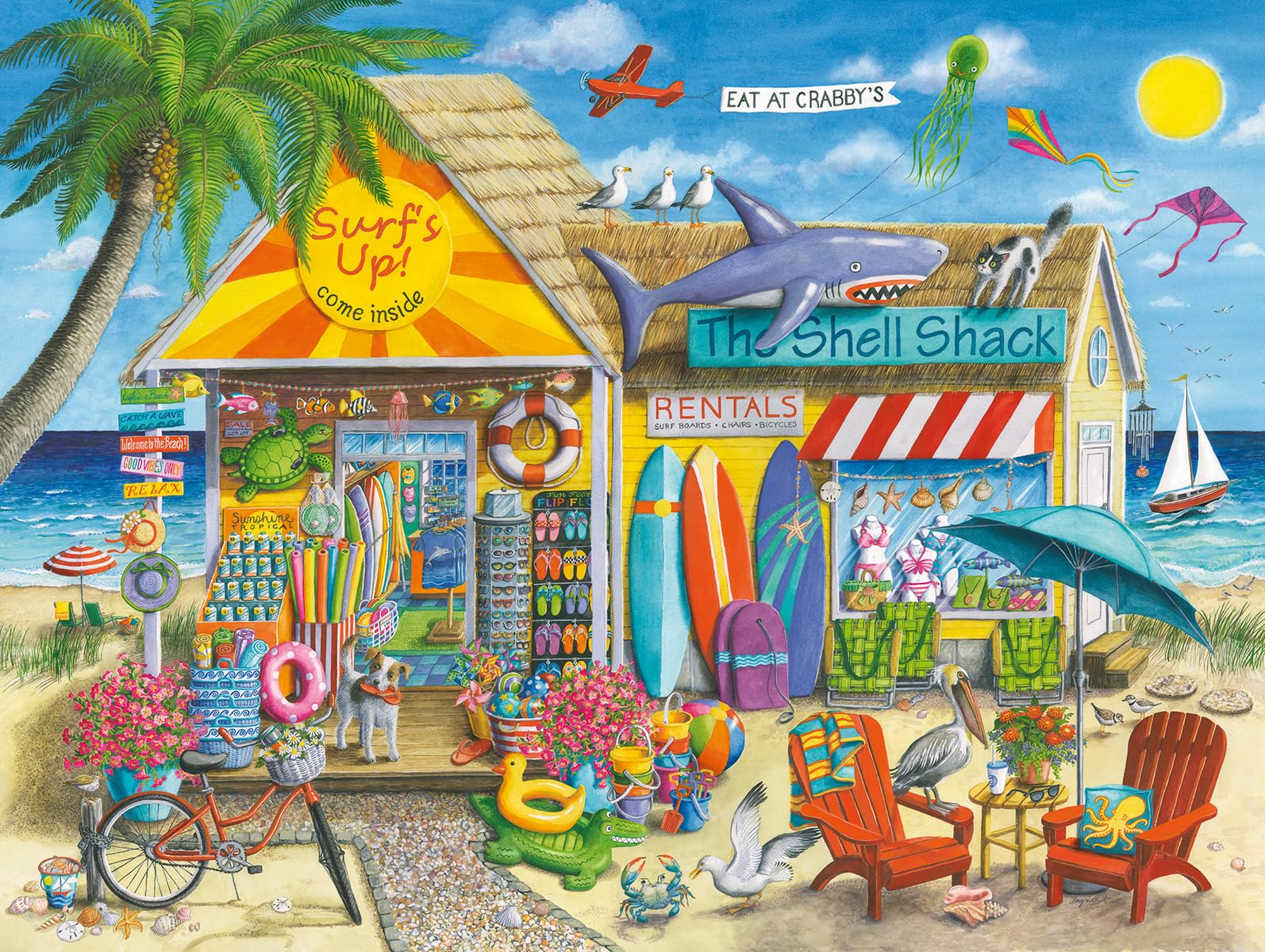 Ravensburger Surf's Up 1500-piece puzzle front cover, vibrant beach scene for mindful relaxation