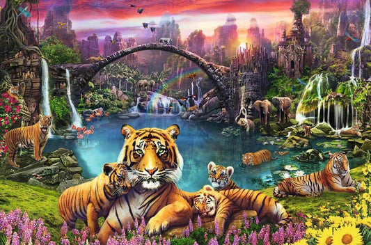 Ravensburger Tigers in Paradise: waterfall scene boosts focus during a detailed 3,000-piece challenge.