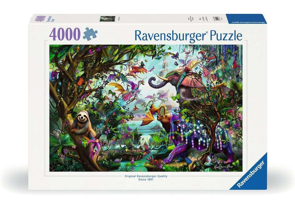 Ravensburger Tropical Dragons 4000-piece puzzle cover showing vibrant dragons and lush jungle detail for immersive play