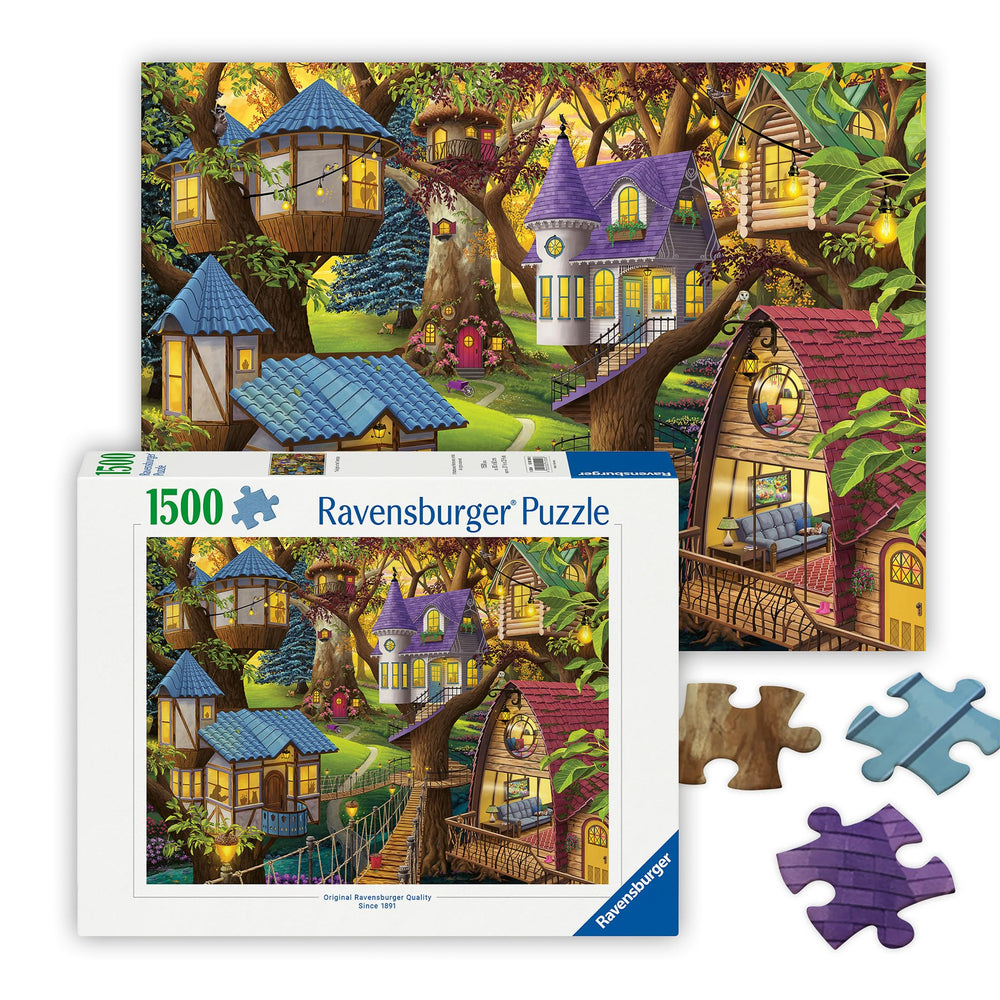 Ravensburger Twilight in the Treetops: cozy treehouses glow at dusk for calm focus