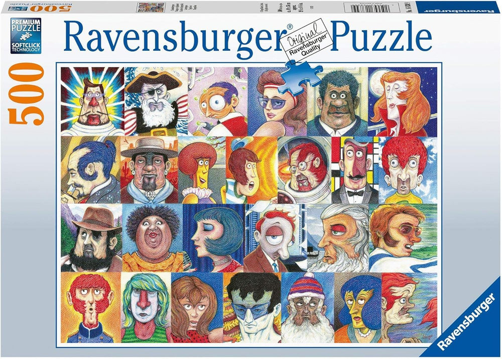 Ravensburger Typefaces 500pc puzzle artwork close-up showing letter-inspired faces for engaging sessions