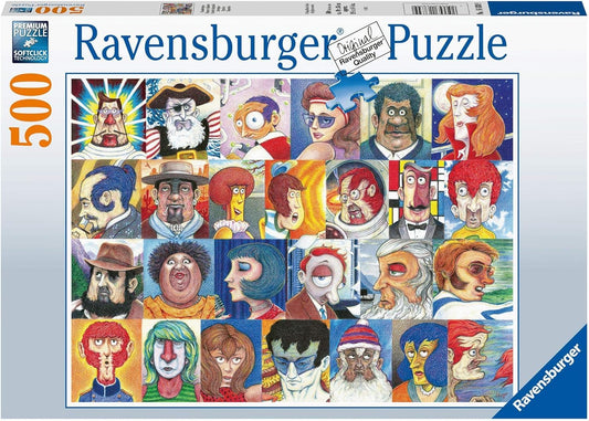 Ravensburger Typefaces 500pc puzzle artwork close-up showing letter-inspired faces for engaging sessions