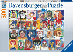 Ravensburger Typefaces 500pc puzzle artwork close-up showing letter-inspired faces for engaging sessions
