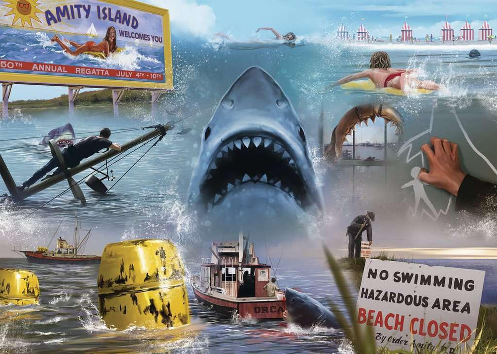 Ravensburger Jaws 1000-piece puzzle complete-amity island scene capturing iconic final showdown imagery.