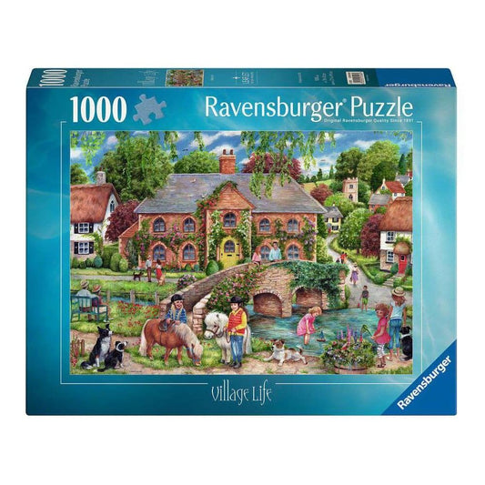 Ravensburger Village Life puzzle with thatched cabins on green hills, ideal for cozy family evenings.
