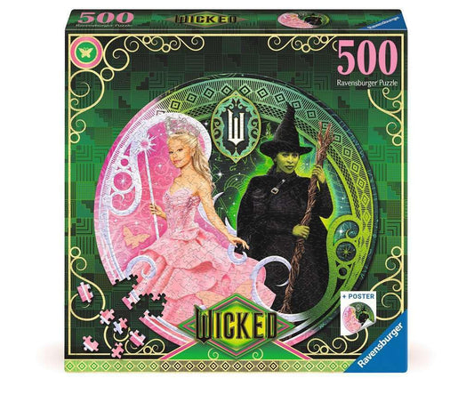 Ravensburger Wicked Act 1 round puzzle featuring Glinda and Elphaba for relaxing, mindful puzzle time.