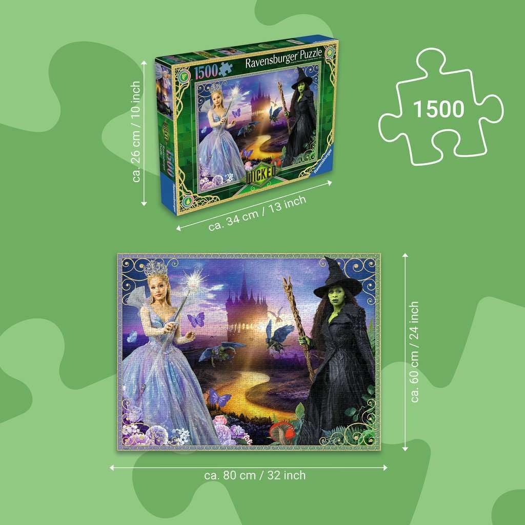 Ravensburger Wicked Movie Part 2 puzzle assembly on table, promotes relaxed evenings.
