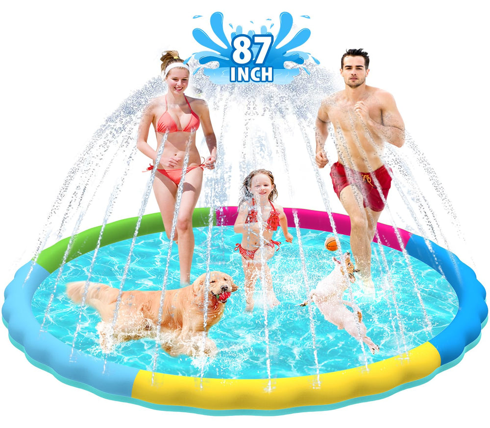 Raxurt splash pad 87-inch dog pool with non-slip surface for safe outdoor play.