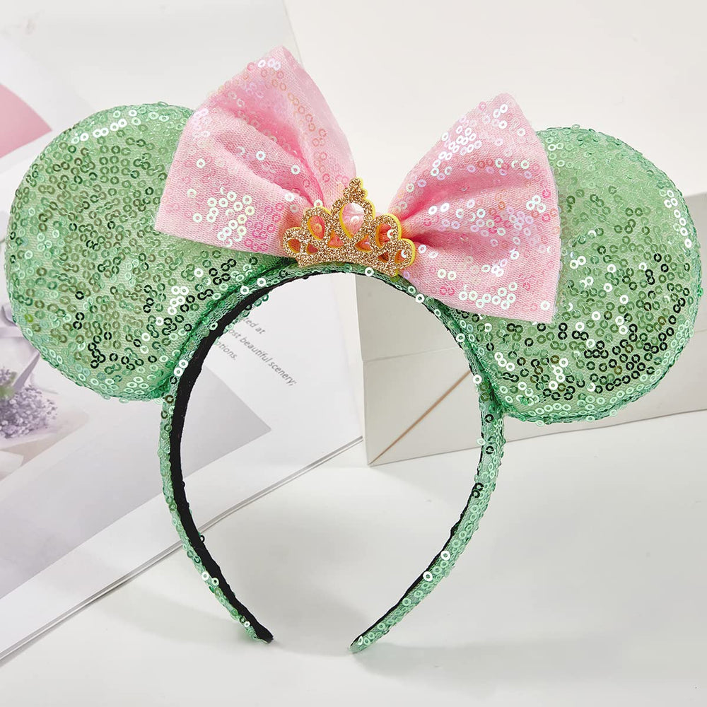 RAZKO sequin green bow accent on mouse ears headband for flair