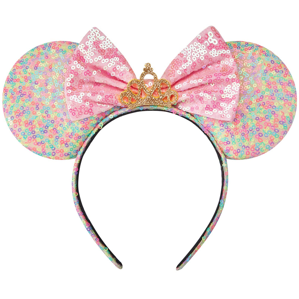RAZKO Sequin Mouse Ears Headband in rainbow iridescent finish for cosplay and party wear.