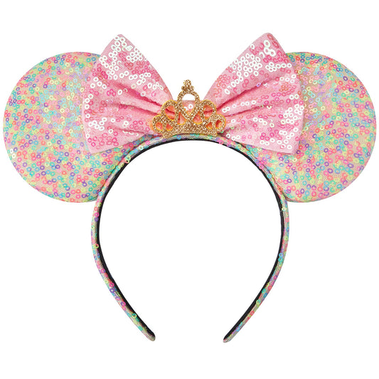 RAZKO Sequin Mouse Ears Headband in rainbow iridescent finish for cosplay and party wear.