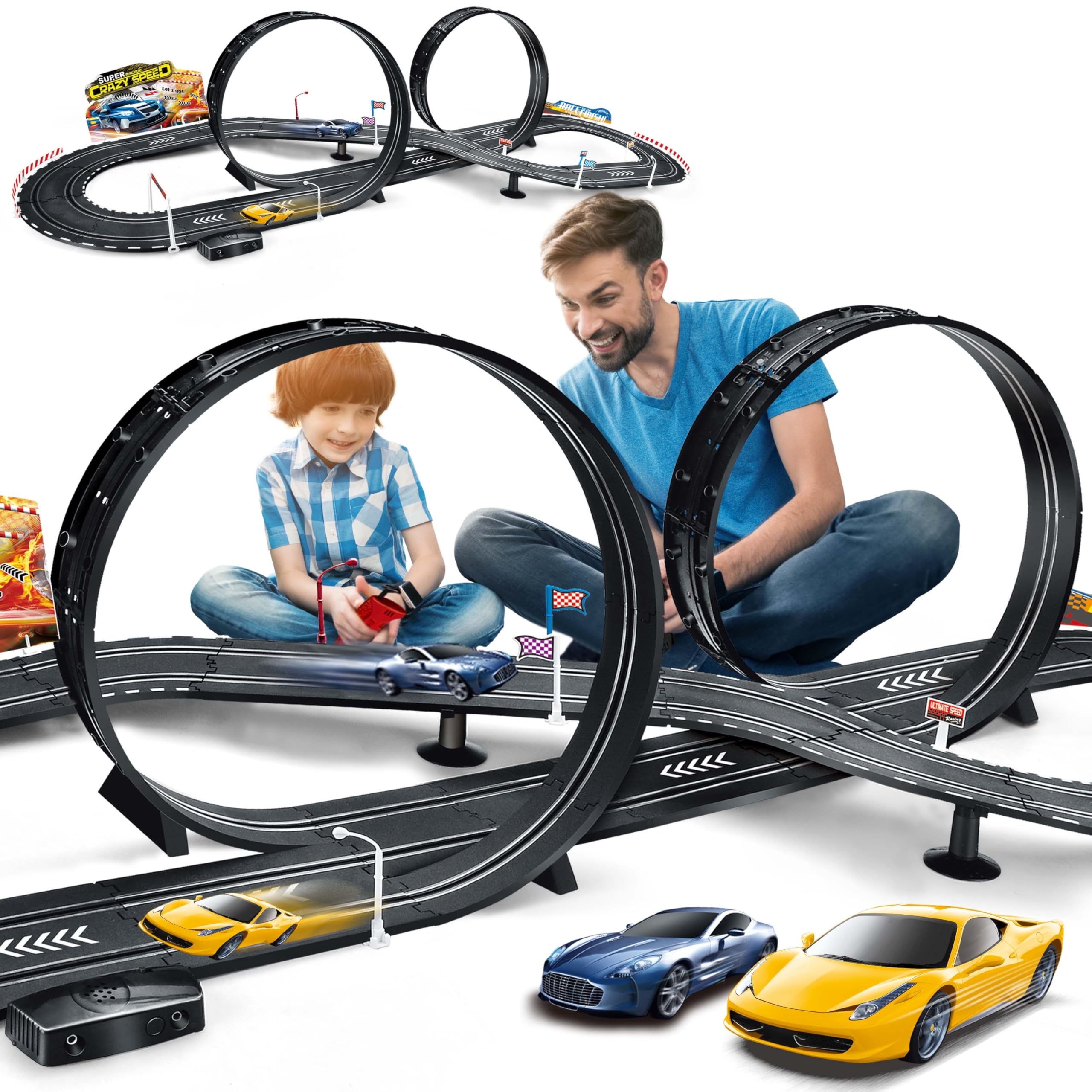 Rcovasc kids slot car track with two cars for beginner-friendly racing.
