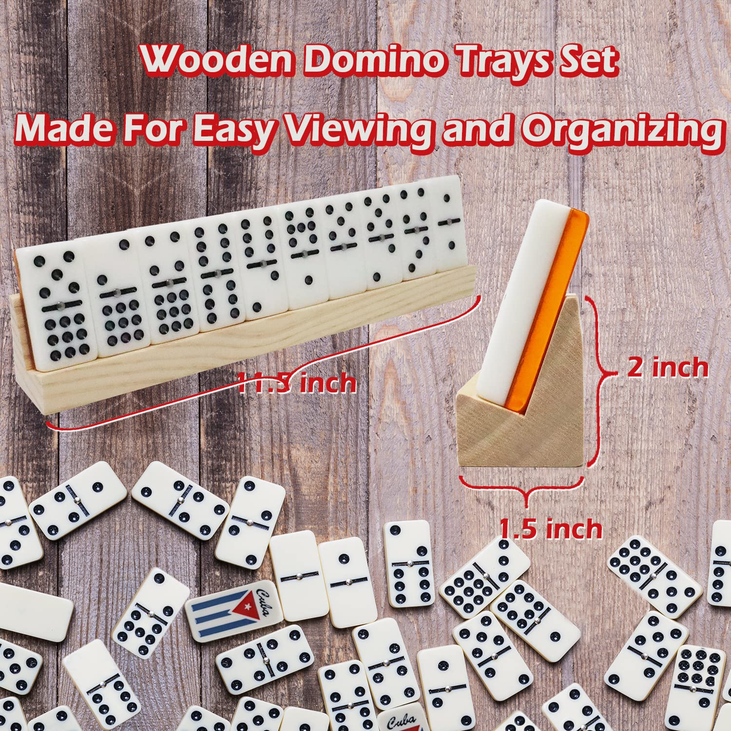 RCP PRODUCTS display trays showcase domino tiles neatly on a coffee table.