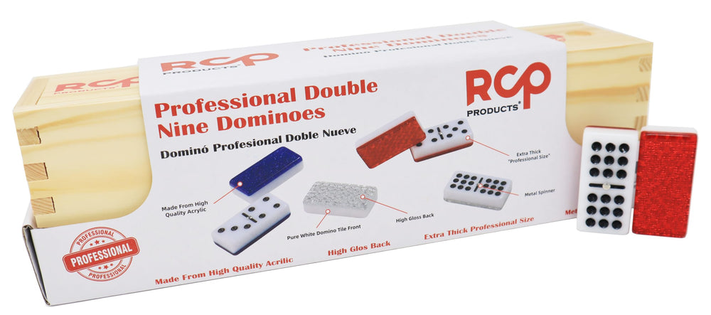 RCP PRODUCTS Double Nine dominoes in walnut box keep pieces organized and protected.