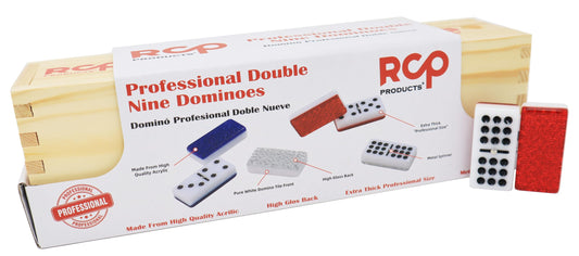 RCP PRODUCTS Double Nine dominoes in walnut box keep pieces organized and protected.