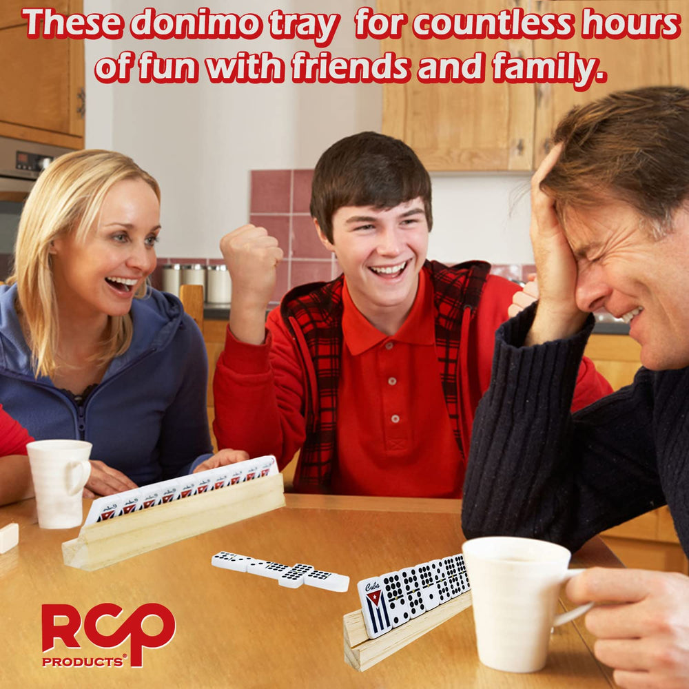 RCP PRODUCTS wooden holders organize domino tiles for quick setup.