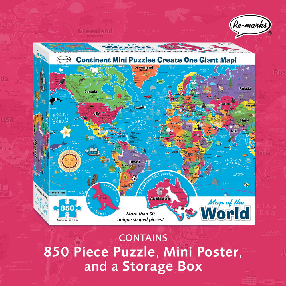 Re-Marks whimsy pieces interlock with continents for engaging puzzle moments.