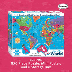 Re-Marks whimsy pieces interlock with continents for engaging puzzle moments.