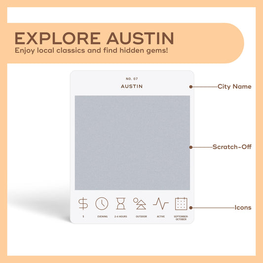 Reach International Outfitters scratch-off card close-up reveals the next Austin adventure.