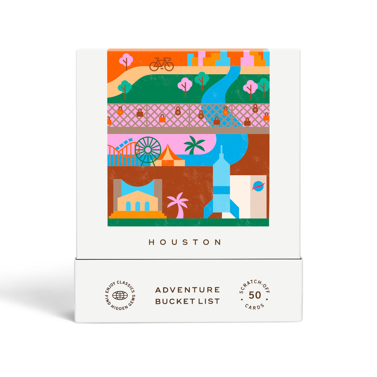 Reach International Outfitters Houston adventure deck cover showing the scratch-off concept for planning outings