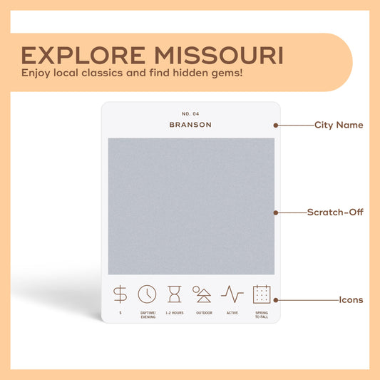 Missouri Adventure scratch-off detail highlights locations, time, cost, seasons, and skill level for planning.