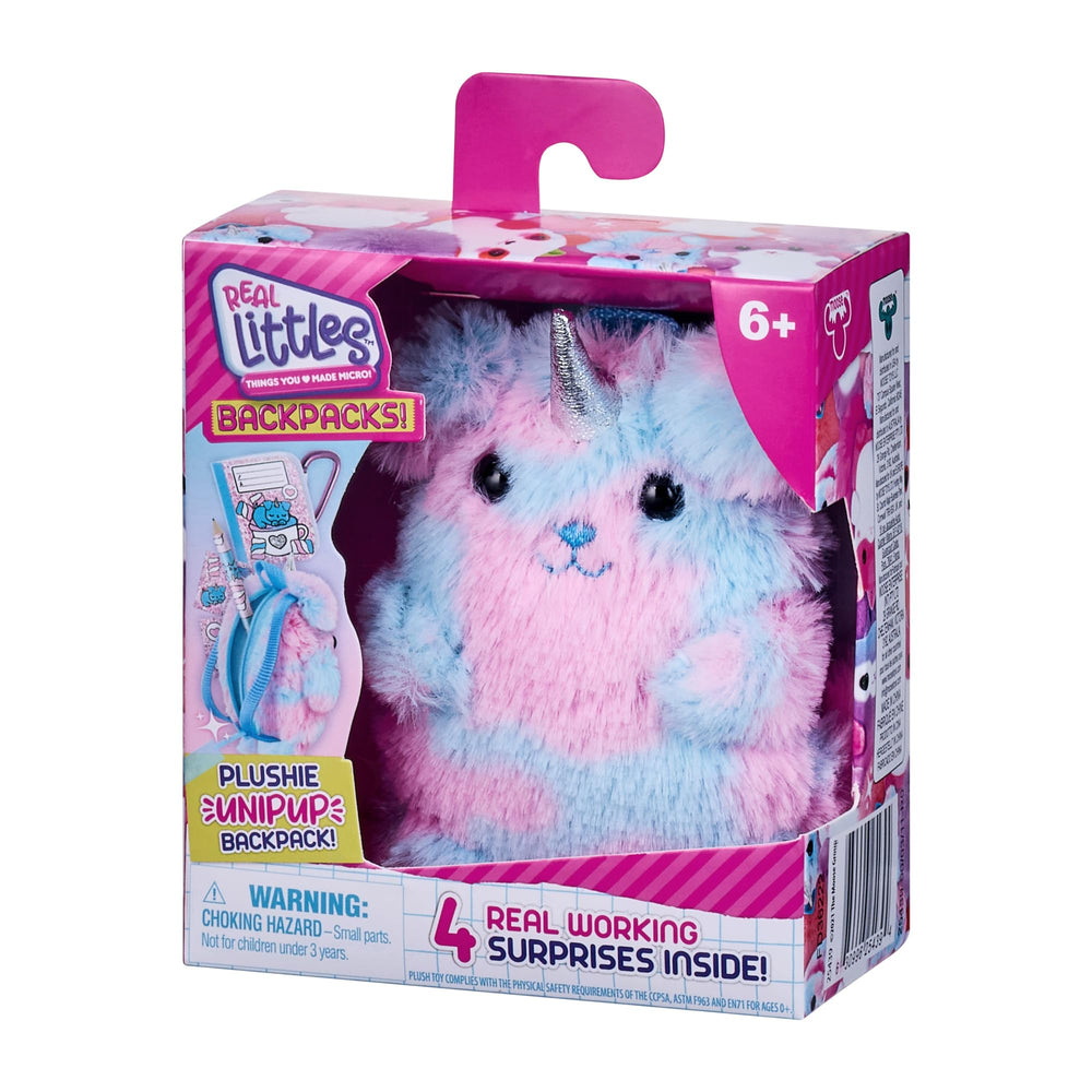Real Littles Packaging Display featuring six collectible plushie backpacks