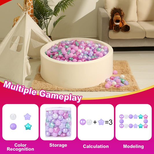 Realhaha ball pit star purple pack image highlighting color and size variety for play.