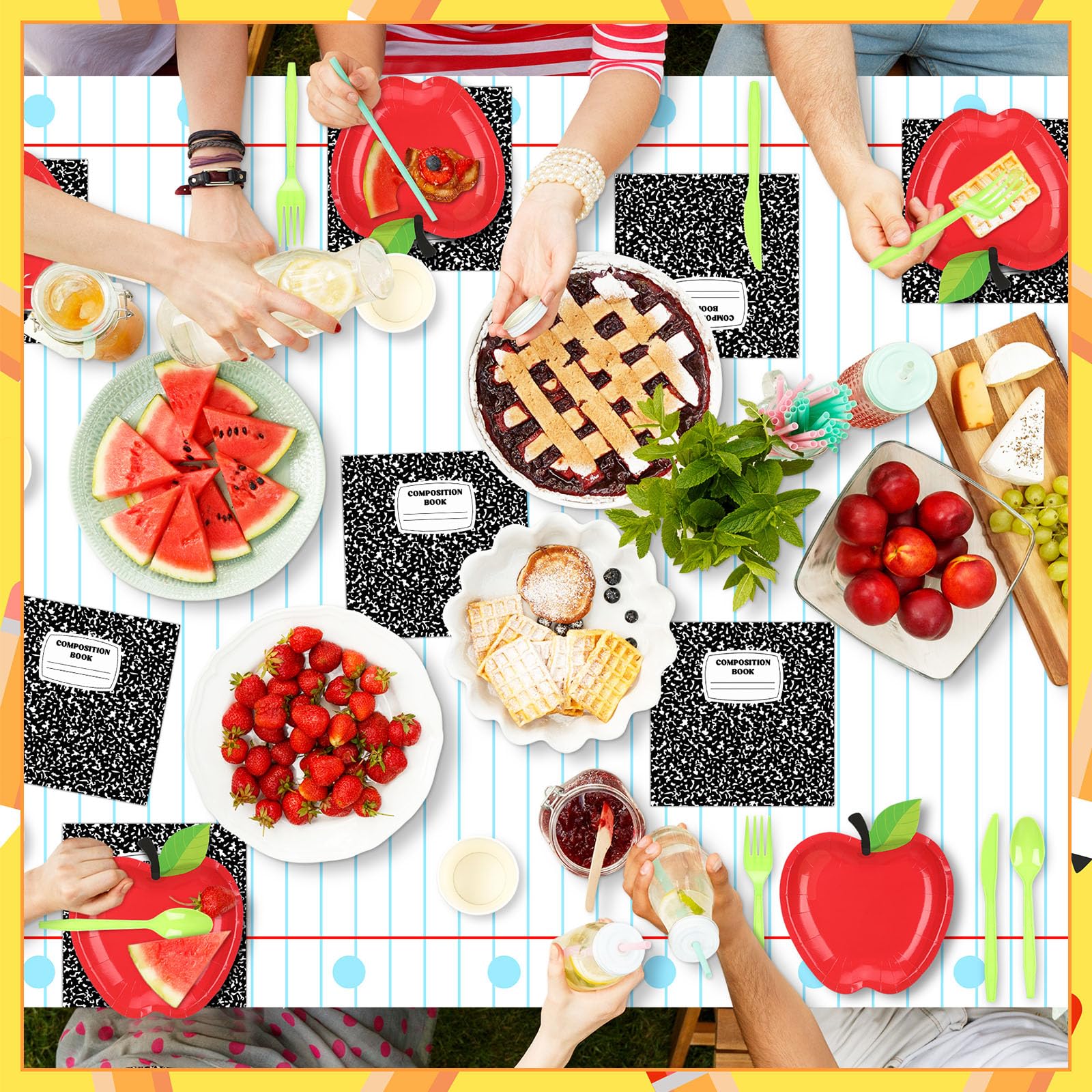 Reallnaive 54 x 108 inch school tablecloth protects surfaces during events.